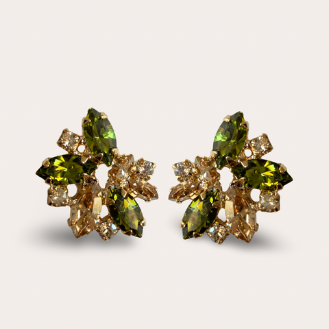 Small Stud Earrings with Olive Green Crystals