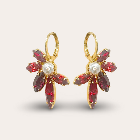 Earrings with flowers of red crystals and a pearl
