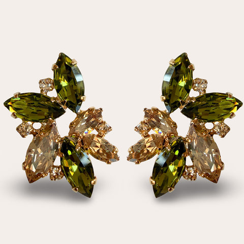 Large Stud Earrings with Olive Green Crystals