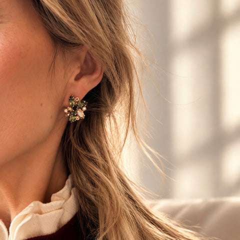 Small Stud Earrings with Olive Green Crystals