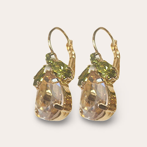 Drop Earrings with Olive Green Leaves and a Gold Drop