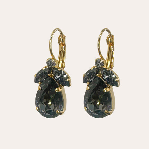 Earrings with black-gray leaves and a Swarovski drop