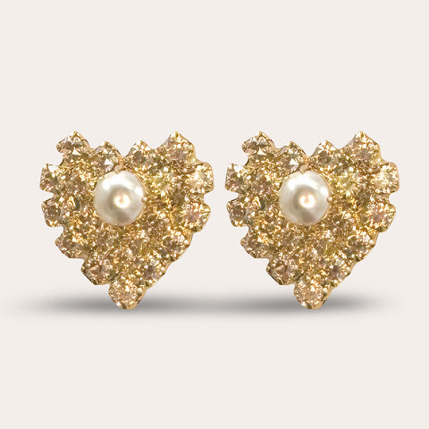 Luxe gouden oorbellen met hartje, parel & Swarovski kristallen